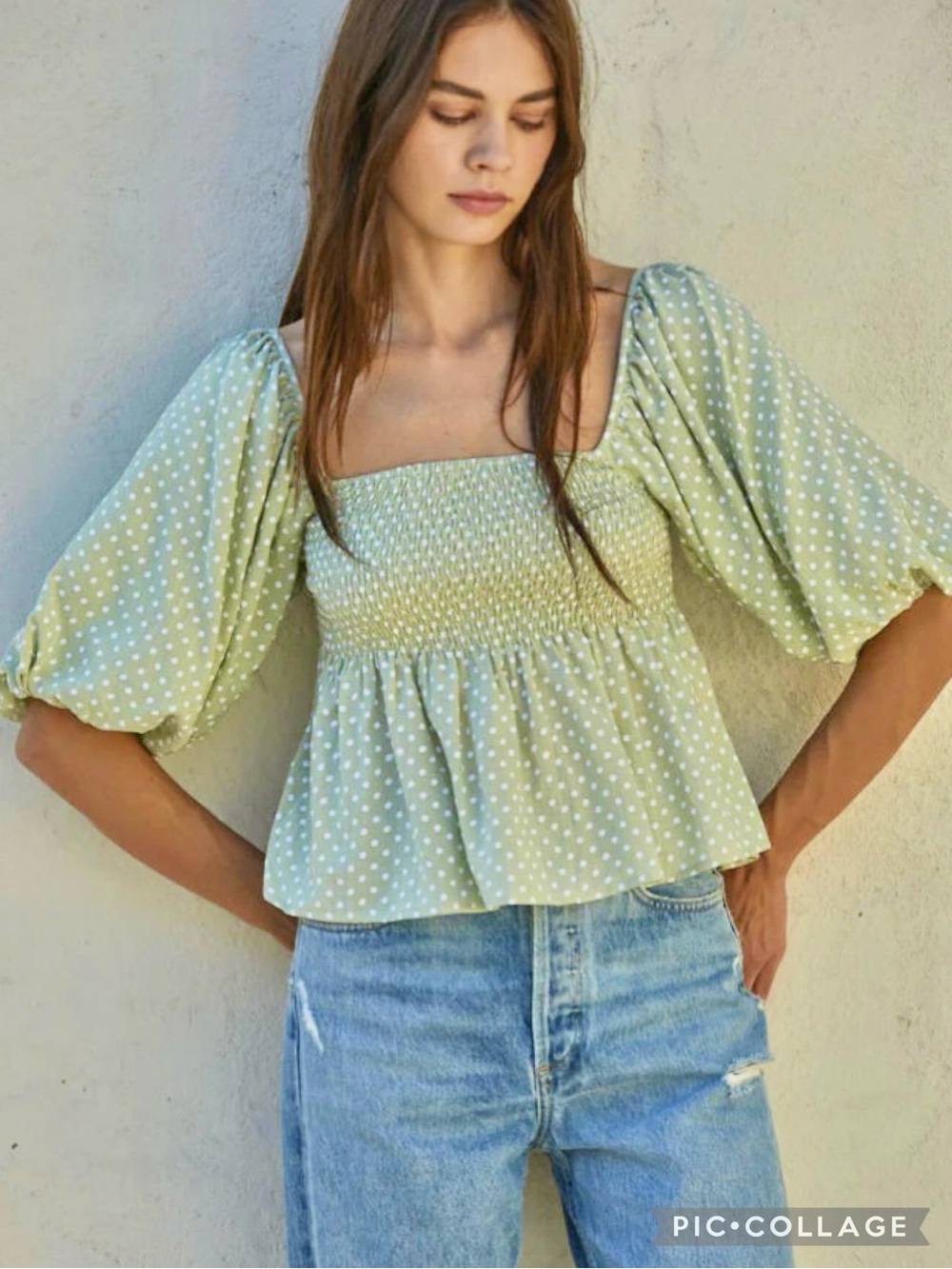 By Together Sweet Days Ahead Sage Green Polka Dot Smocked Top L (10/12) Boho